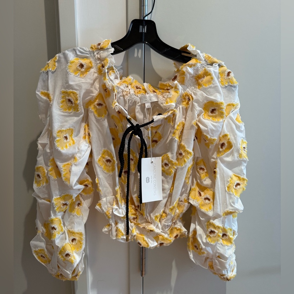 NWT Caroline Constas Yellow, Brown & White Puff Sleeve Ruched Cropped Blouse